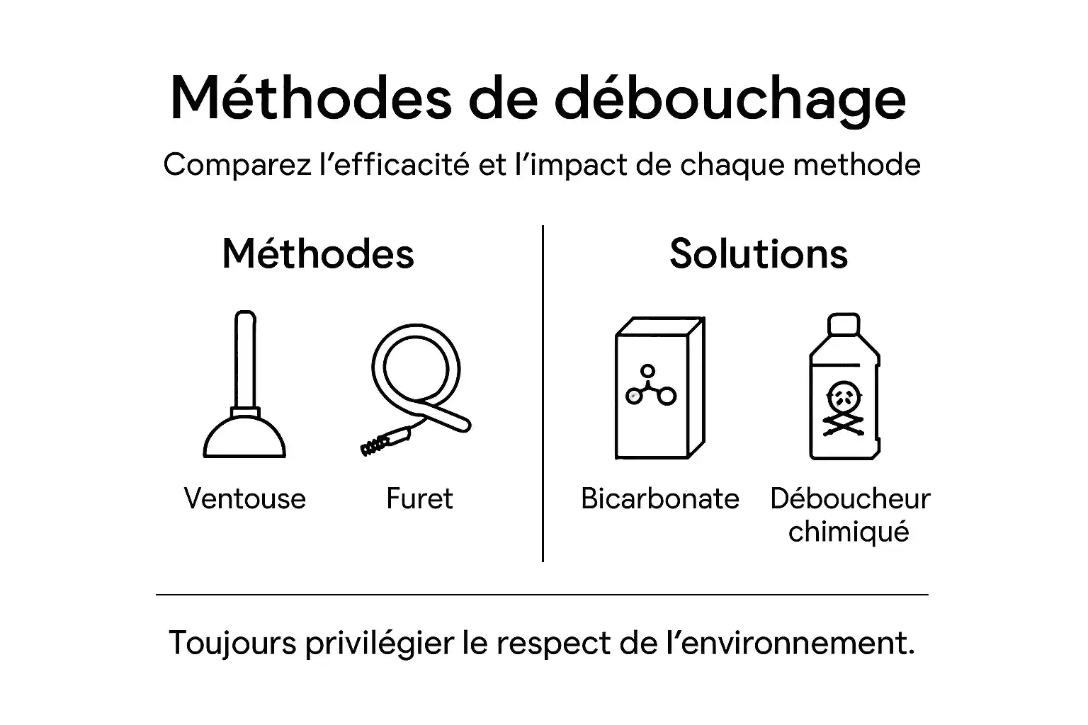 Comparatif visuel des différentes solutions pour déboucher un lavabo