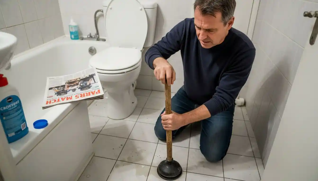 Le propriétaire essaie de déboucher les toilettes à l’aide d’une ventouse.