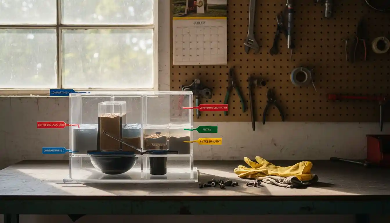 Maquette de fosse septique en coupe, permettant d'observer les différents éléments internes.