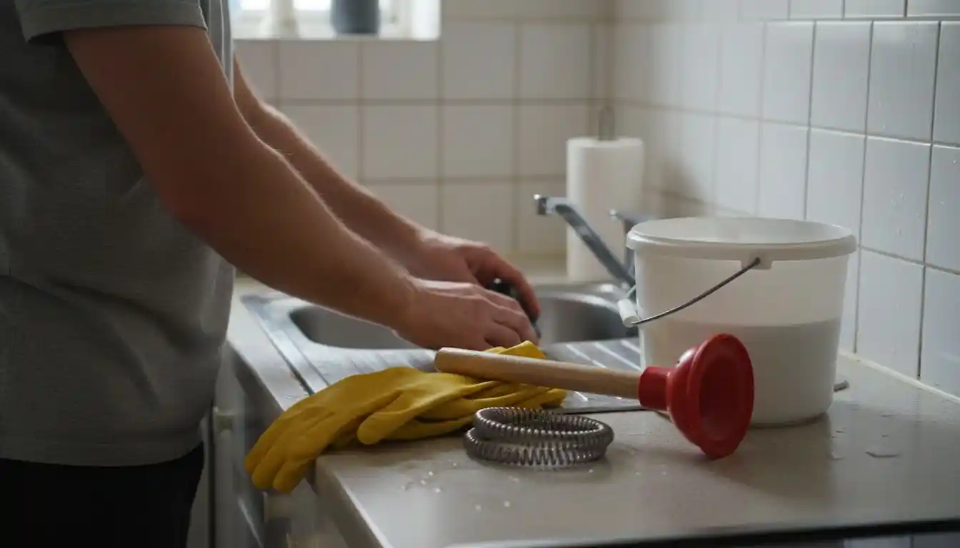 Préparation du matériel nécessaire pour déboucher l’évier de la cuisine