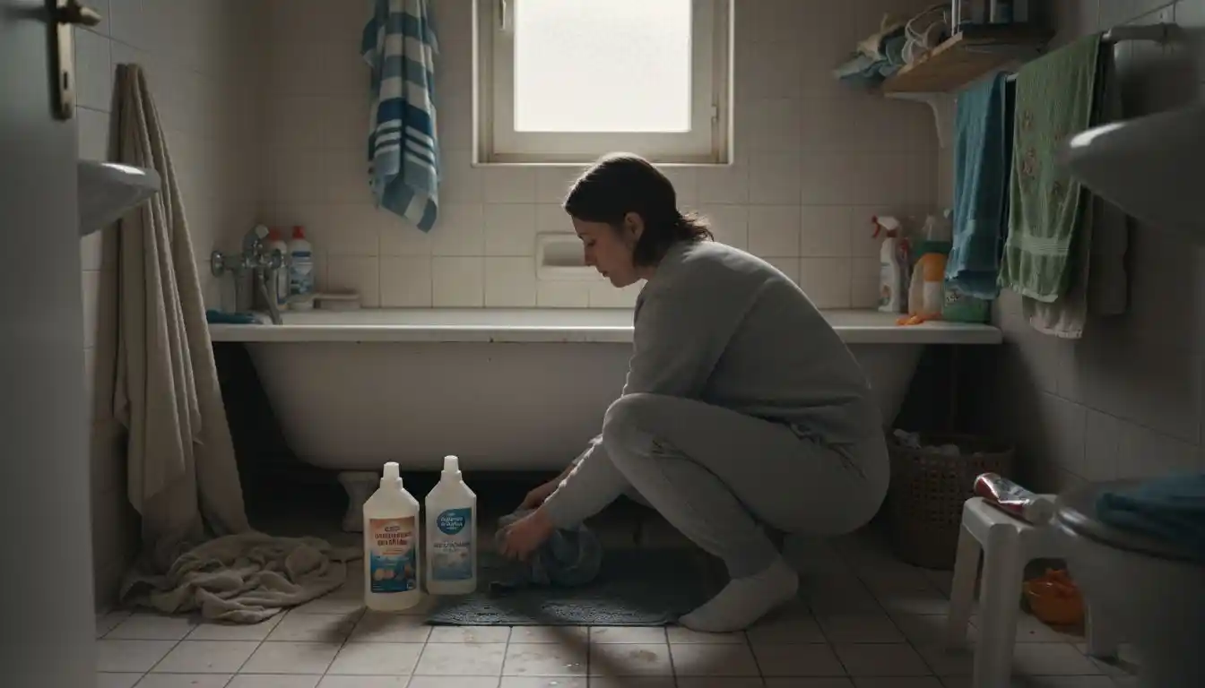 Quelqu’un s’occupe de préparer l’espace autour de la baignoire.