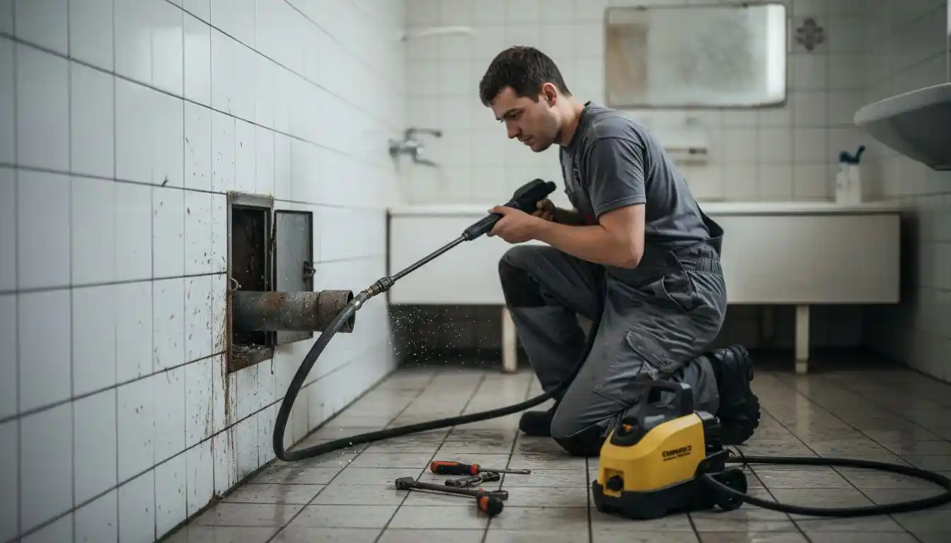 Un professionnel en train d’effectuer le nettoyage d’une conduite d’eau.