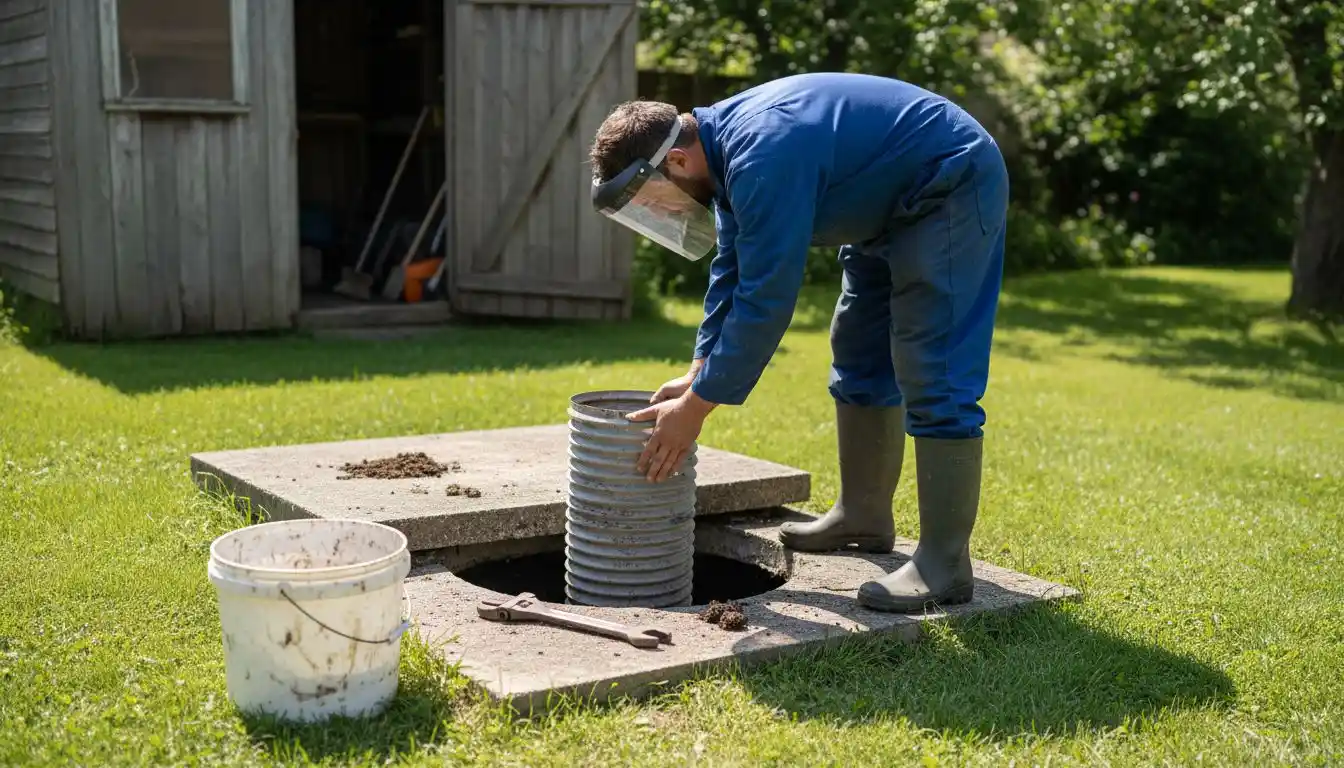 Un spécialiste contrôle le système de ventilation de la fosse septique pour s'assurer de son bon fonctionnement.