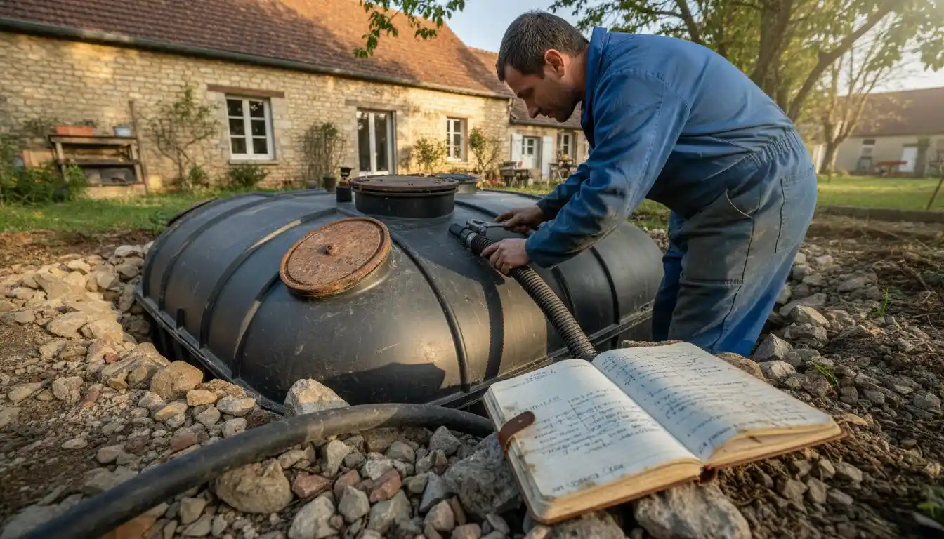 Un technicien procède au contrôle de l’étanchéité des éléments de la fosse septique.