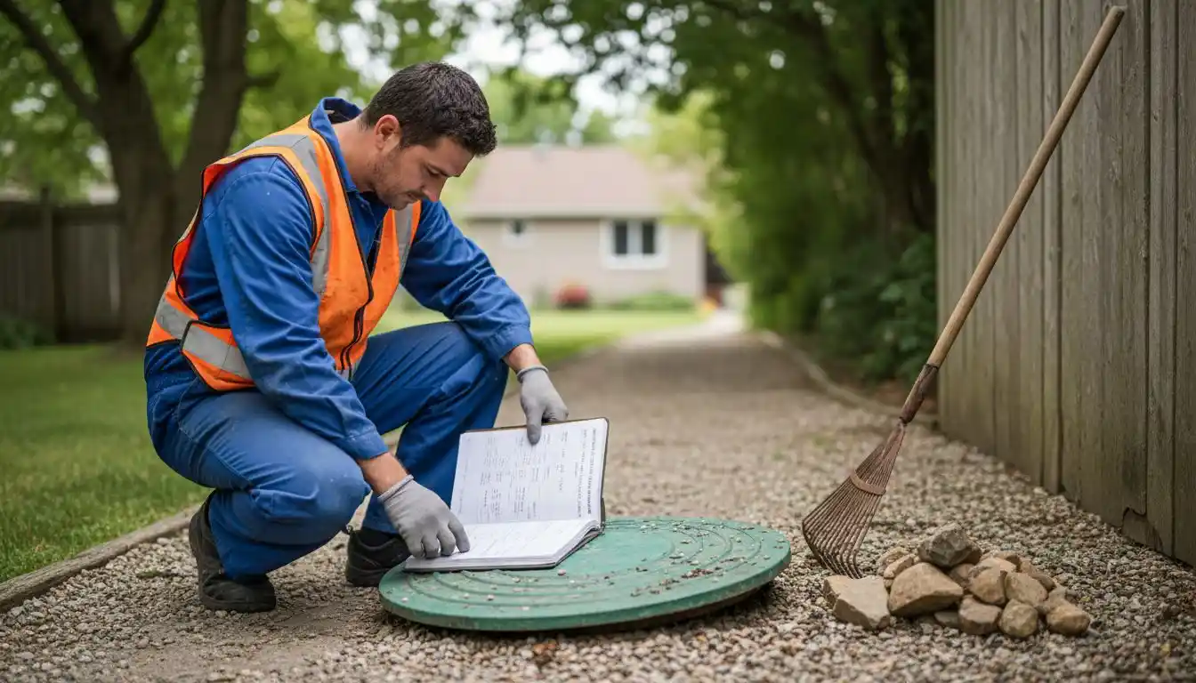 Un technicien procède à l’inspection d’une fosse septique située à l’extérieur.