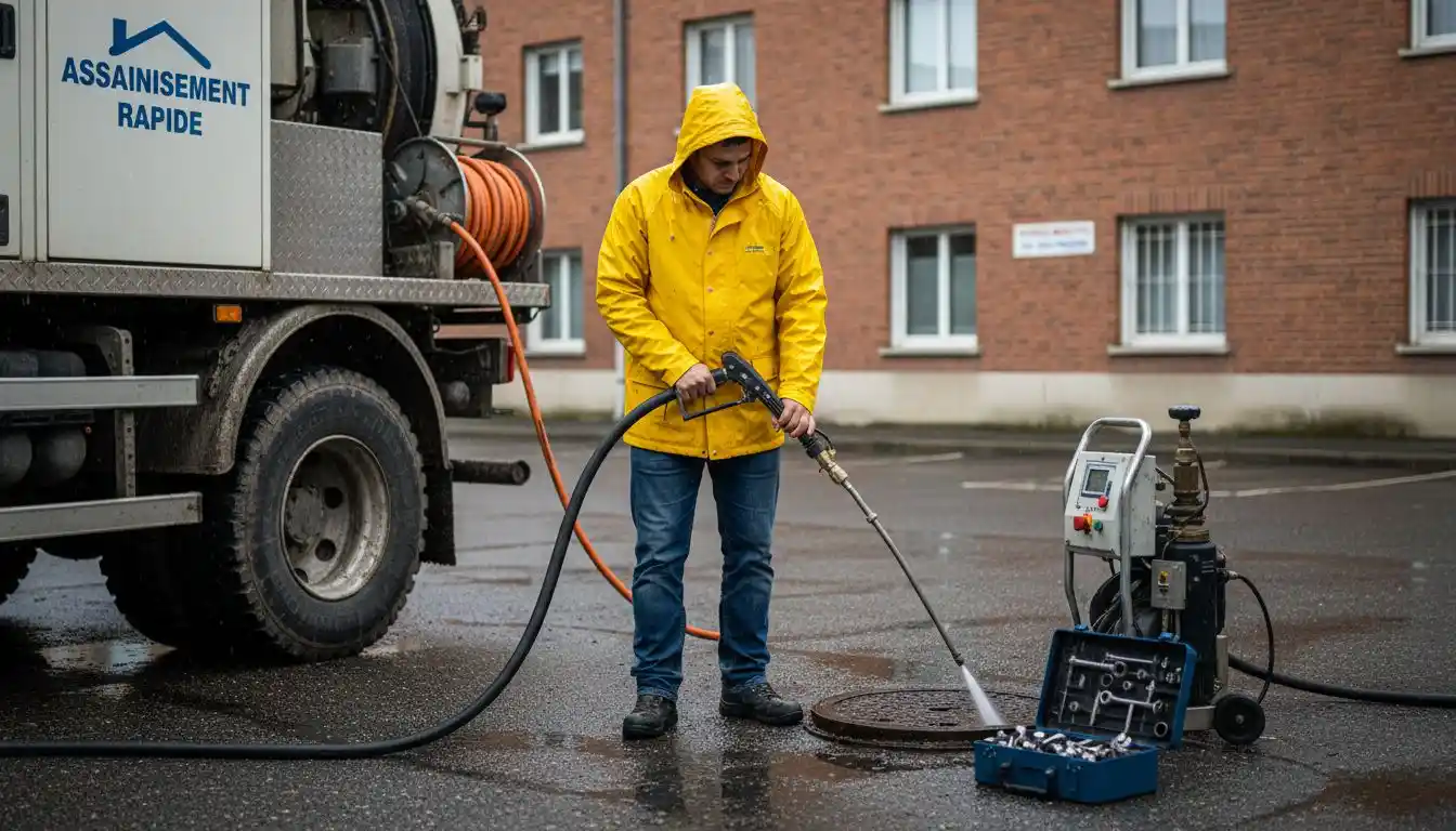 Un technicien procède au nettoyage des canalisations à l’aide d’un jet haute pression.