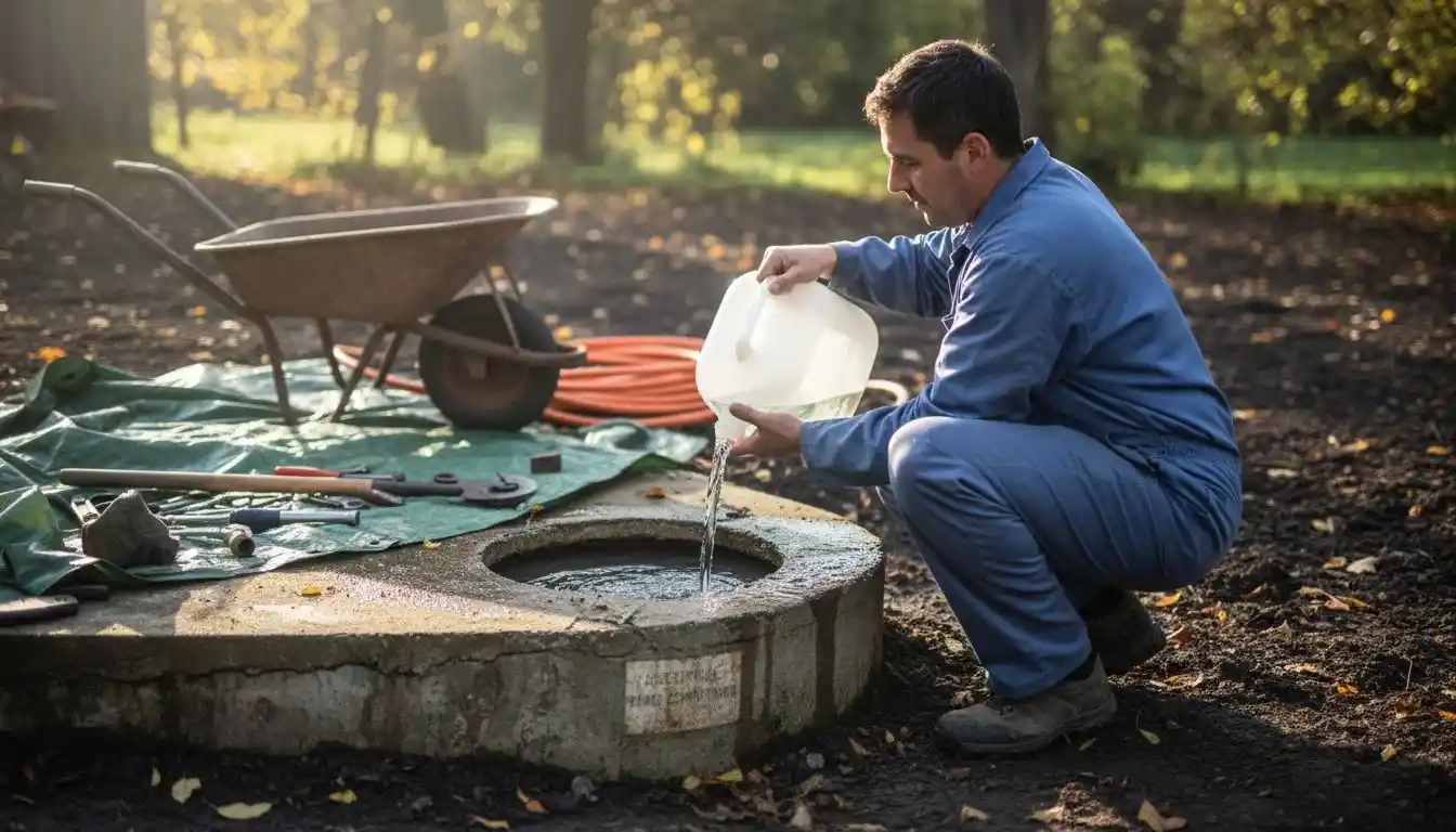 Un technicien verse de l’eau dans la cuve d’une fosse septique.
