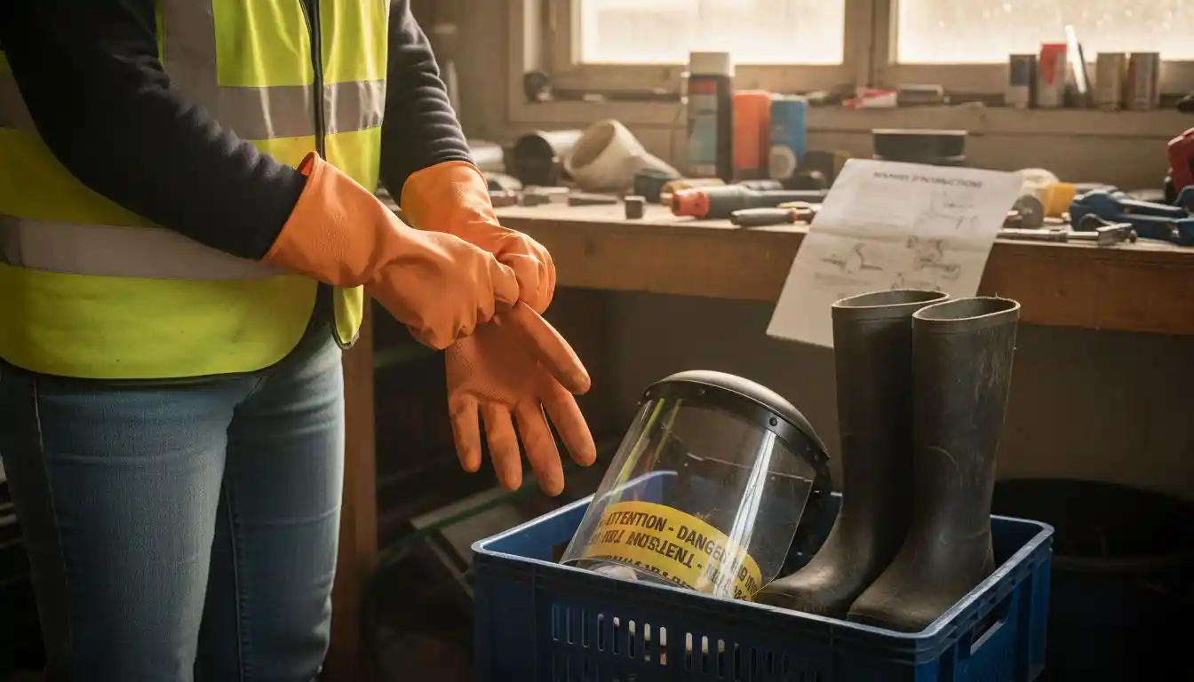 Une femme enfile des gants de protection avant de s’occuper de travaux liés à la fosse septique.