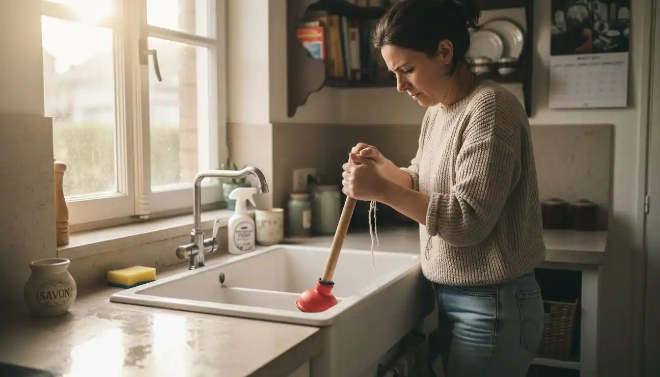 Une femme essaie de déboucher l’évier de la cuisine.