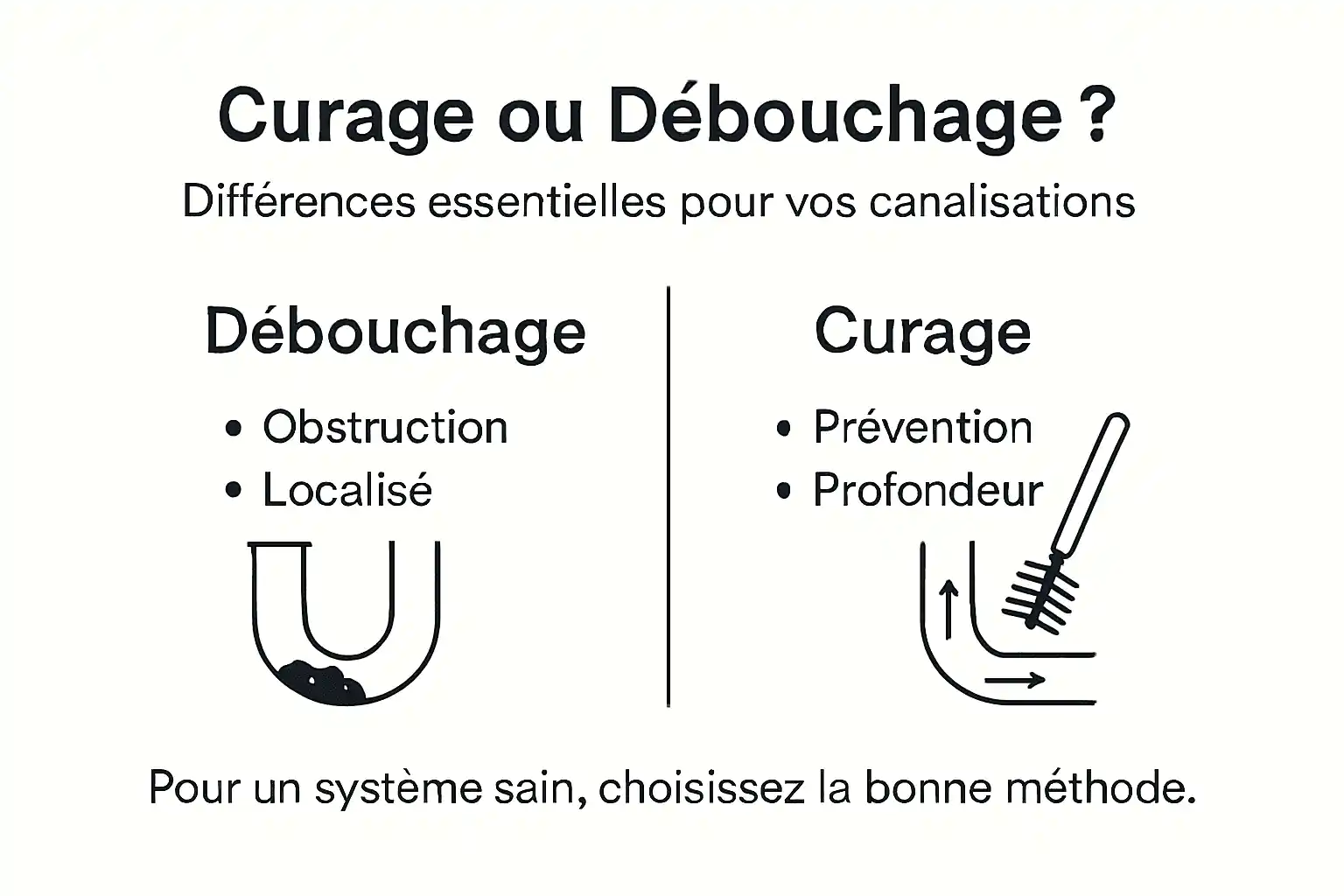 Visuel comparatif entre les techniques de curage et de débouchage